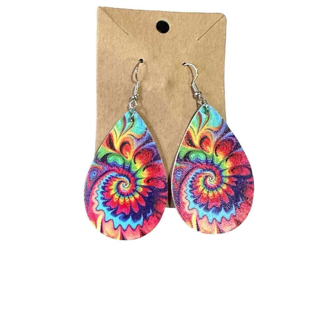 Tie Dye Teardrop Earrings Faux Leather Rainbow Spiral Boho Drop Dangle Jewelry